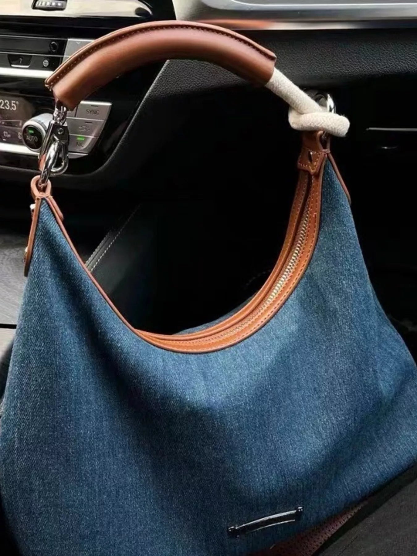 Denim Shoulder Bag with Leather Handle