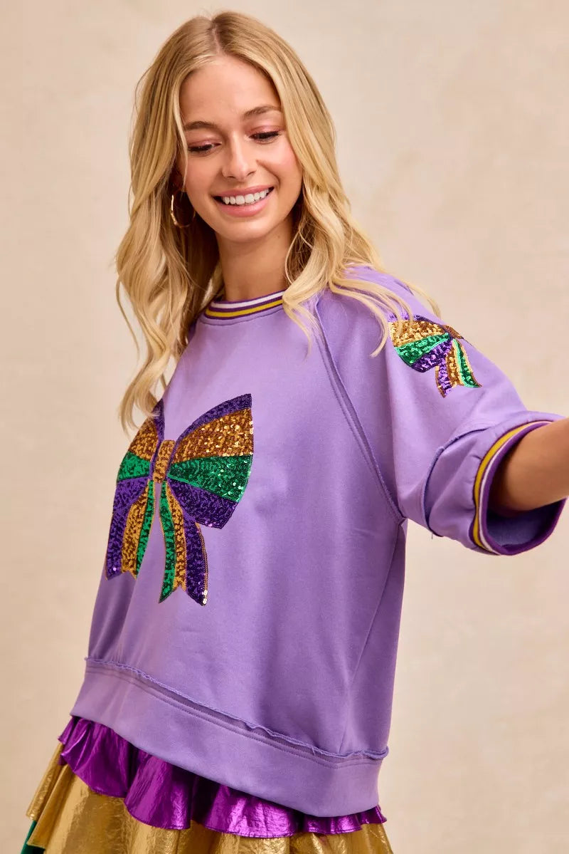 BiBi Mardi Gras Theme Ribbon Sequin Patched Top