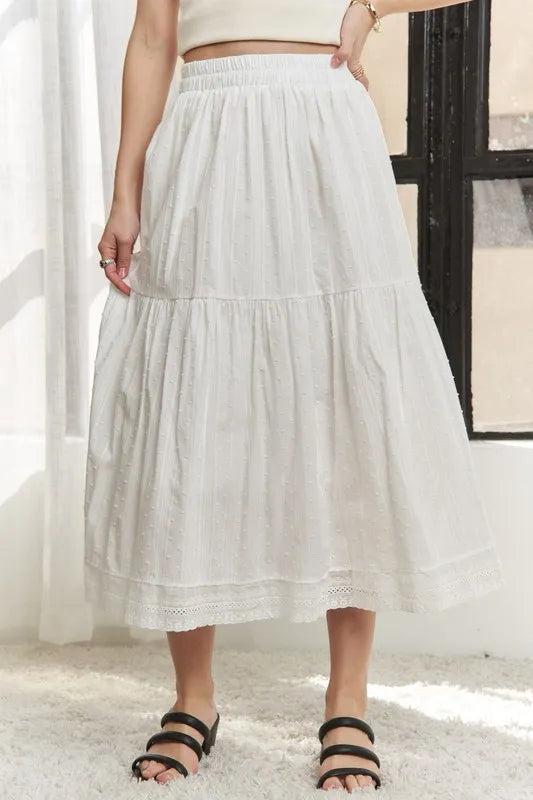 ADORA Elastic Waistband Tiered Midi Skirt