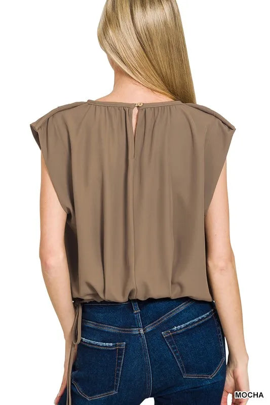 Zenana Woven Drawstring Tie Side Sleeveless Top