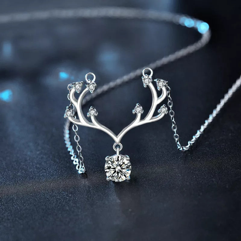 1 Carat Moissanite 925 Sterling Silver Deer Antler Pendant Necklace