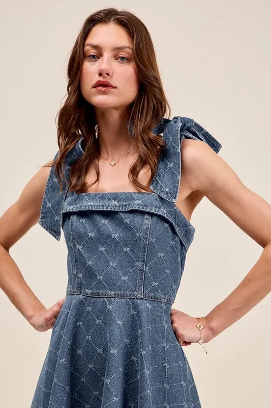 SO ME A Line Fit and Flare Diamond Bow Ribbon Denim Dres