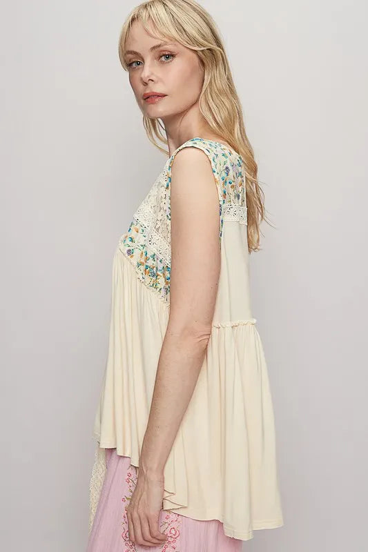 POL Lace Detail Frill Floral V-Neck Sleeveless Top