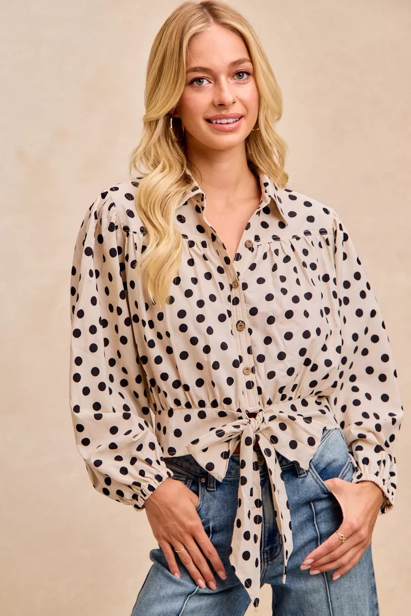 BiBi Polka Dot Print Tie Hem Detail Crop Shirt
