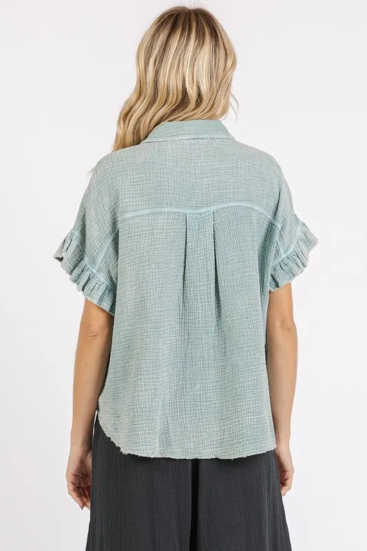Mittoshop Mineral Washed Button Down Flounce Sleeve Shirt
