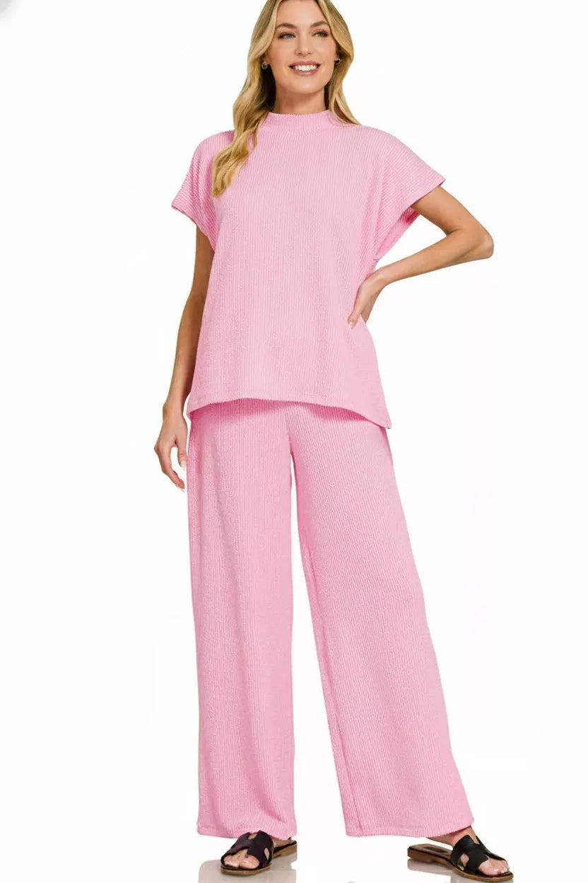 Zenana Raised Rib Short Sleeve Tee & Pants Set