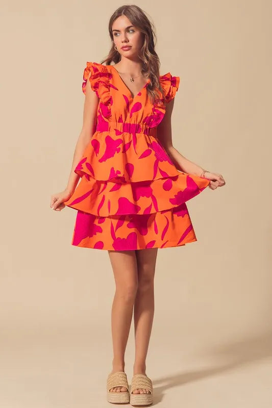 SO ME Floral V Neck Layered Dress with Elasticized Waist