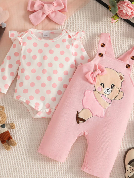 Children's Polka Dot Top and Overalls Set with Headband