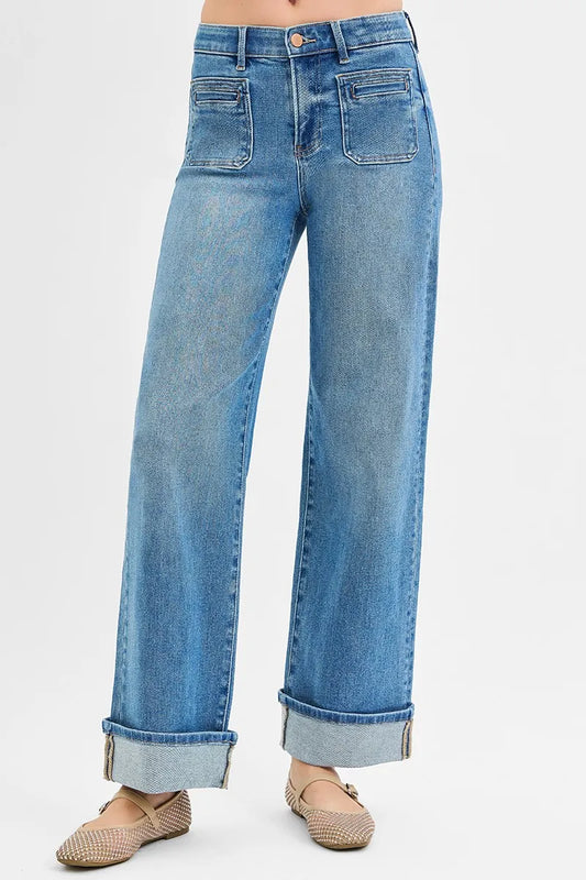 RISEN Full Size Elastic Band Mid Rise Wide Front Patch Pocket Cuff Jeans Plus Size