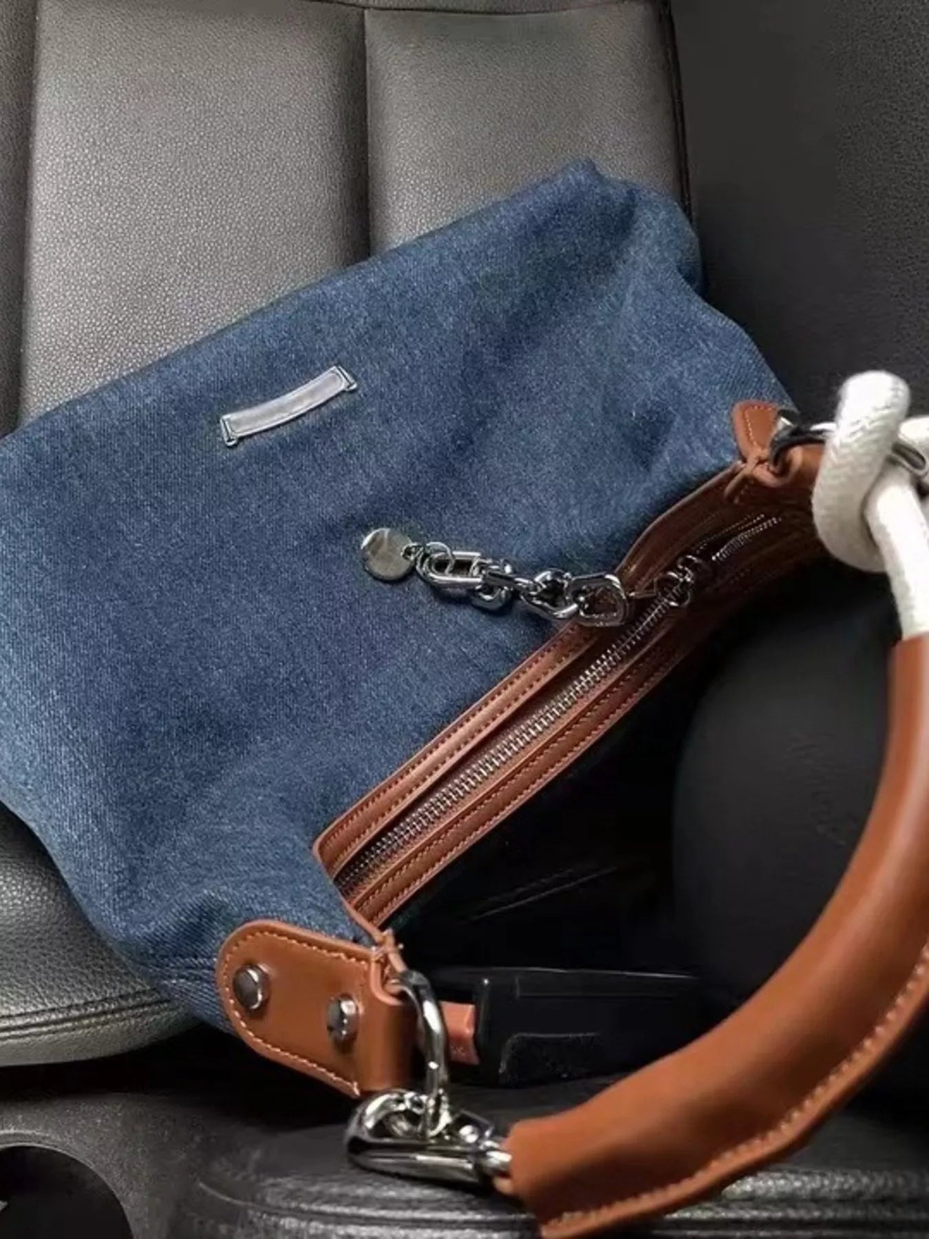 Denim Shoulder Bag with Leather Handle