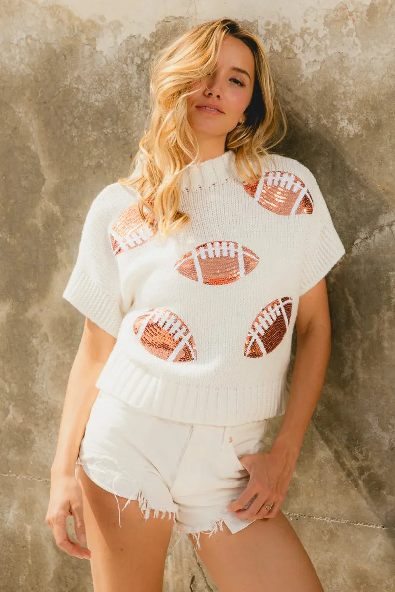 BiBi Gameday Sequin Football Patches Rib Banded Sweater