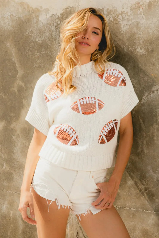 BiBi Gameday Sequin Football Patches Rib Banded Sweater