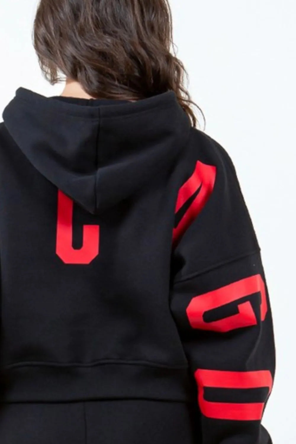American Bazi Letter Graphic Long Sleeve Drawstring Cropped Hoodie