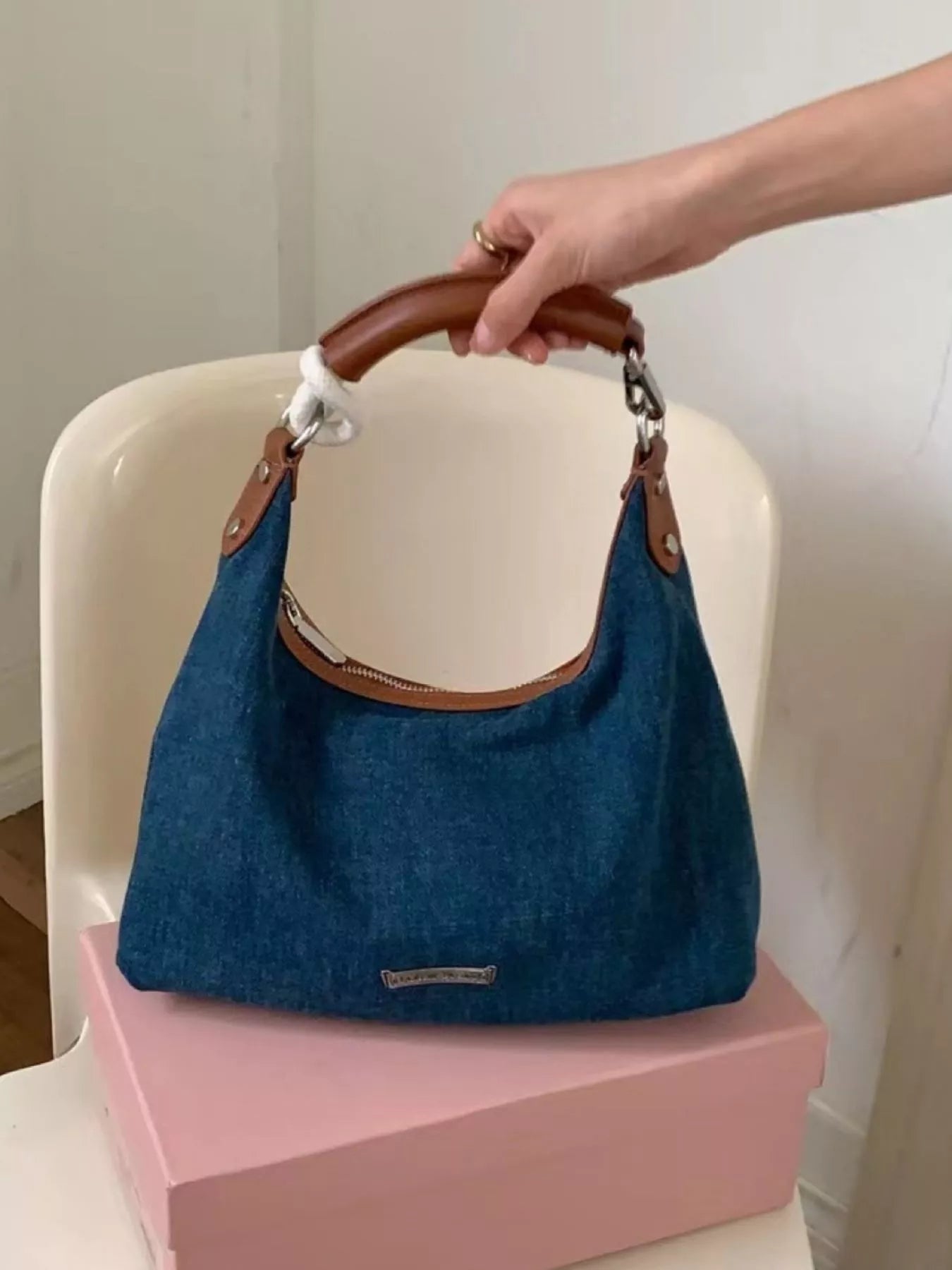 Denim Shoulder Bag with Leather Handle