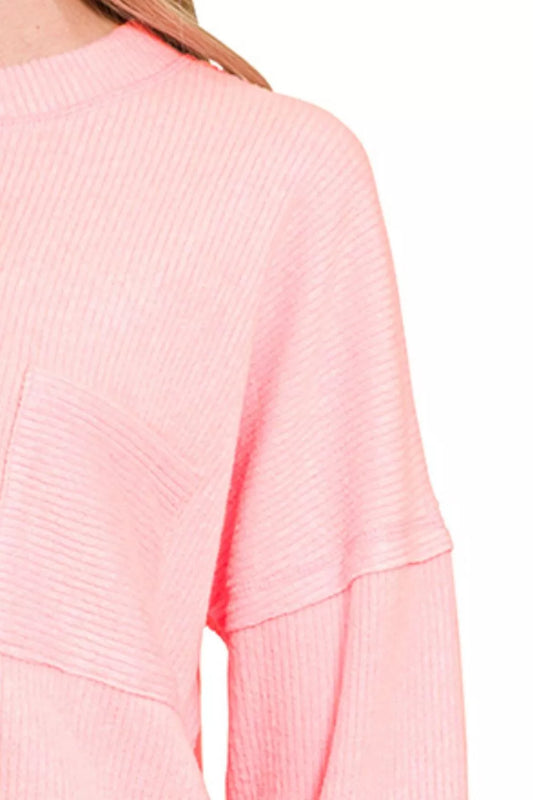 Zenana Ribbed Brushed Melange Hacci Sweater with Chest Pocket