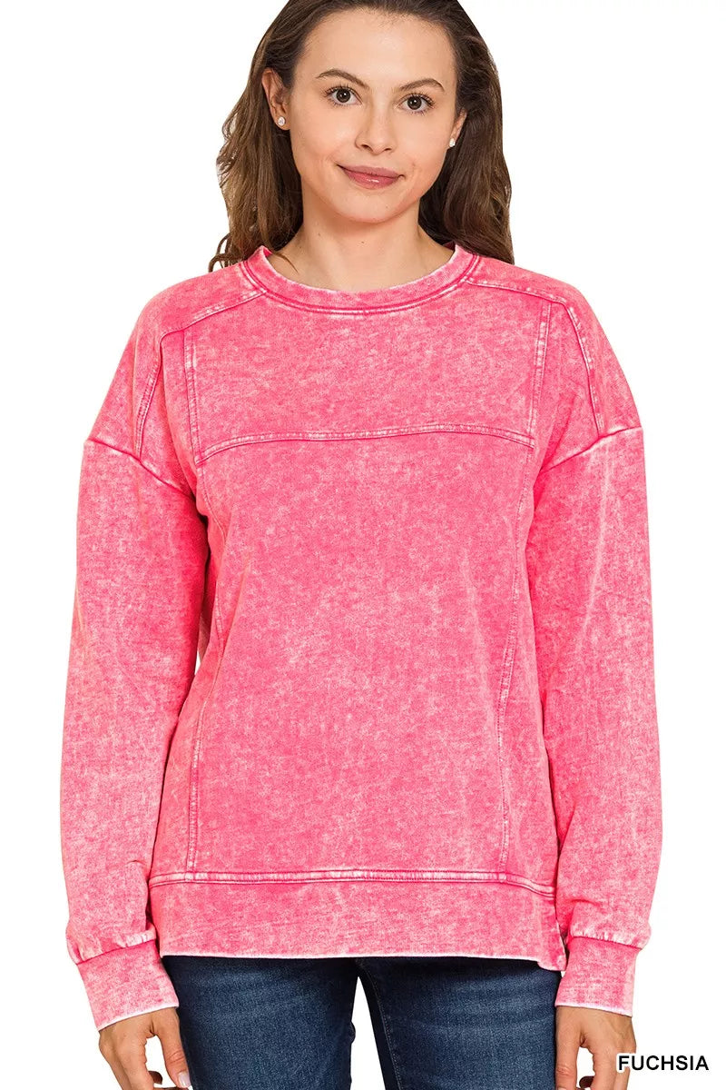 Zenana Acid Wash French Terry Exposed-Seam Pullover
