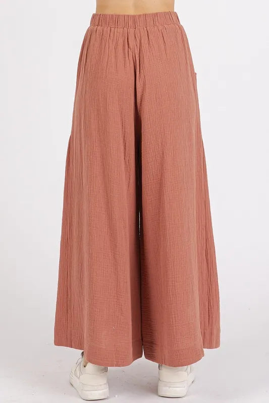 Mittoshop Gauze Elastic Waist Pleated Wide Leg Pants