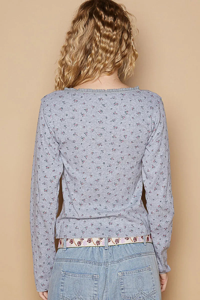 POL Floral V-Neck Long Sleeve T-Shirt