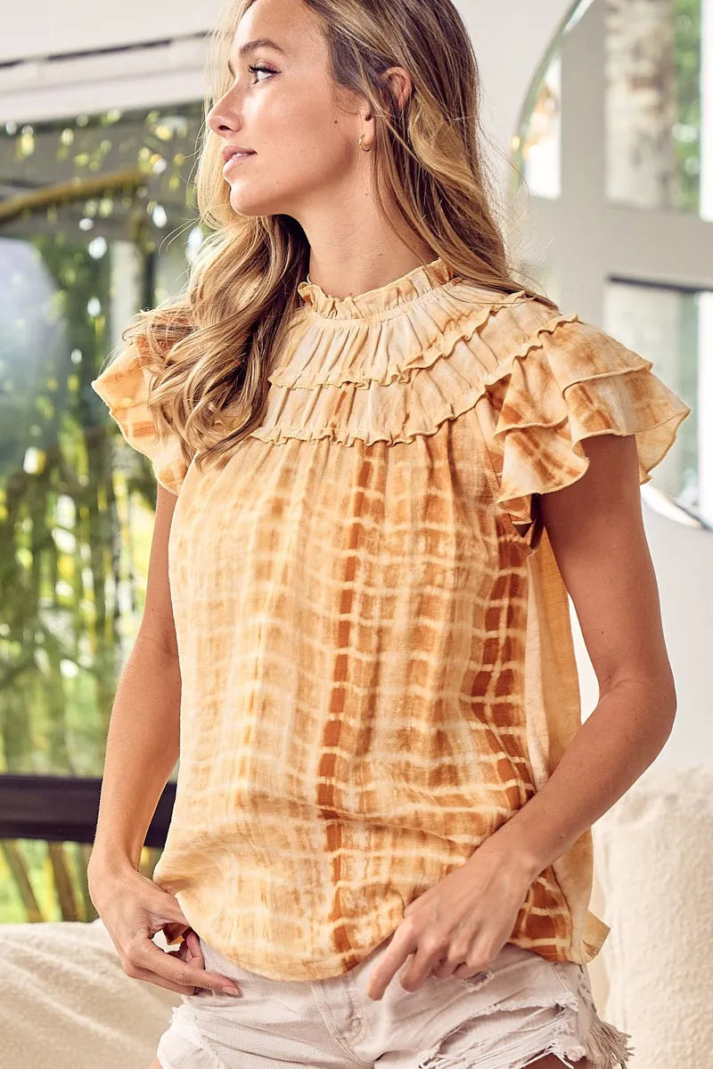BiBi Tiered Ruffle Neck Tie Dye Top