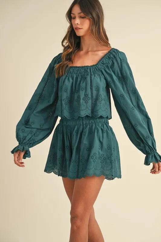 MABLE Embroidered Scalloped Lace Top and Short Set