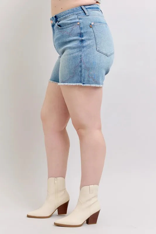 Judy Blue Plus Size High Waist Western Embroidery Detail Cut Off Denim Shorts