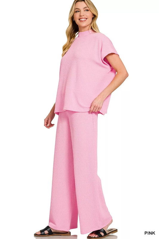 Zenana Raised Rib Short Sleeve Tee & Pants Set