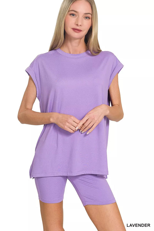 Zenana Brushed Dty Microfiber Top & Biker Shorts