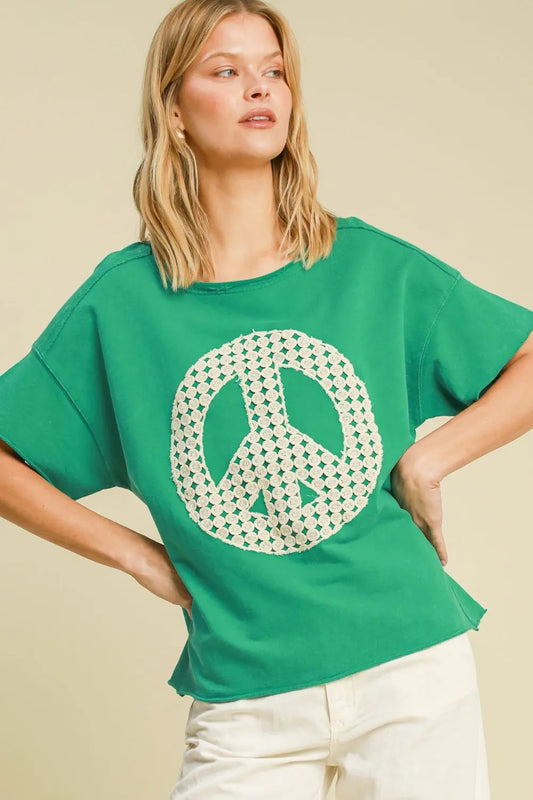 Umgee Full Size Mineral Wash T-Shirt with Lace Applique Plus Size
