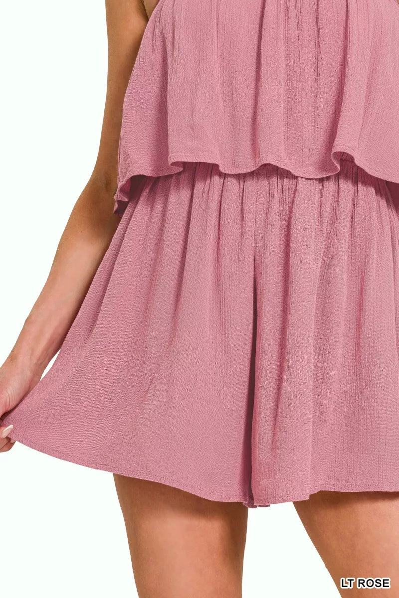 Zenana Woven Crinkle Strapless Rompers