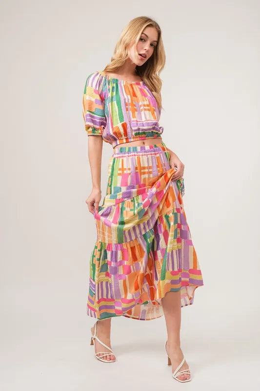 And The Why Asymmetric Geo Printed Tiered Maxi Skirt