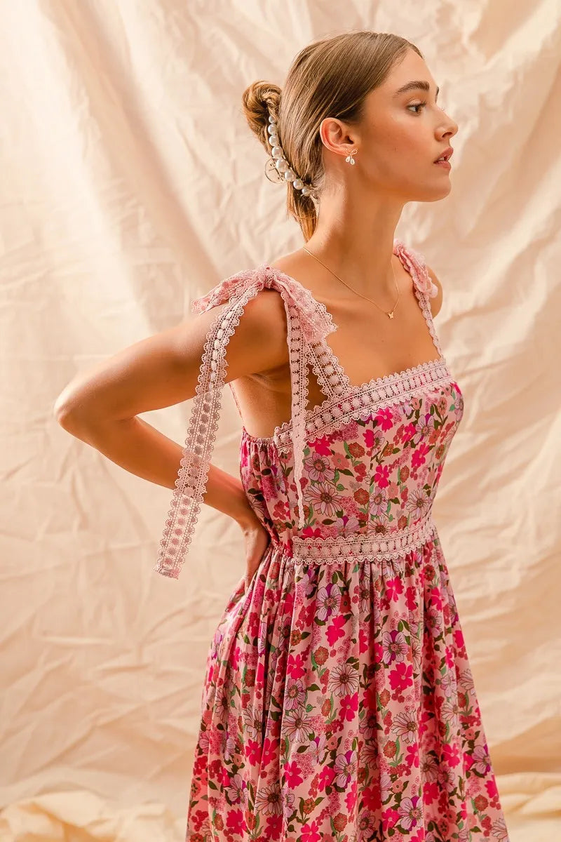 SO ME Floral Maxi Dress With Ribbon Tie Lace Strap