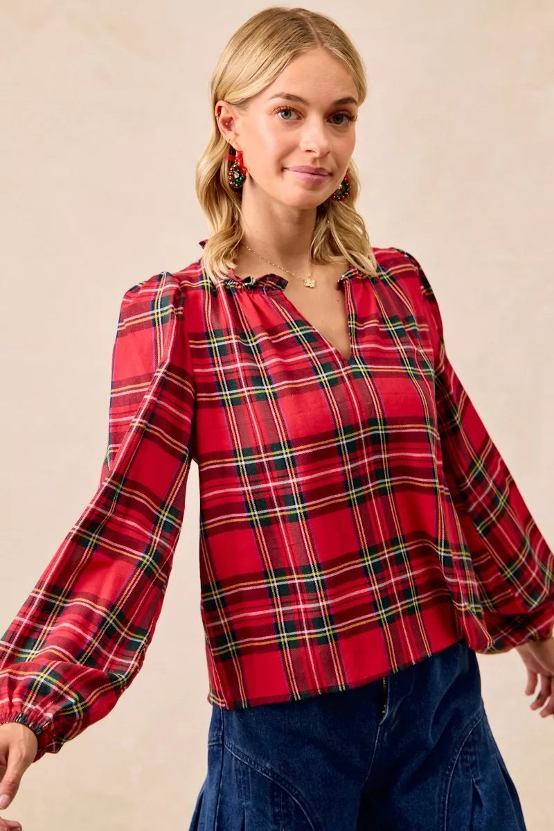 BiBi Christmas Plaid Balloon Sleeves Ruffled V-Neck Top