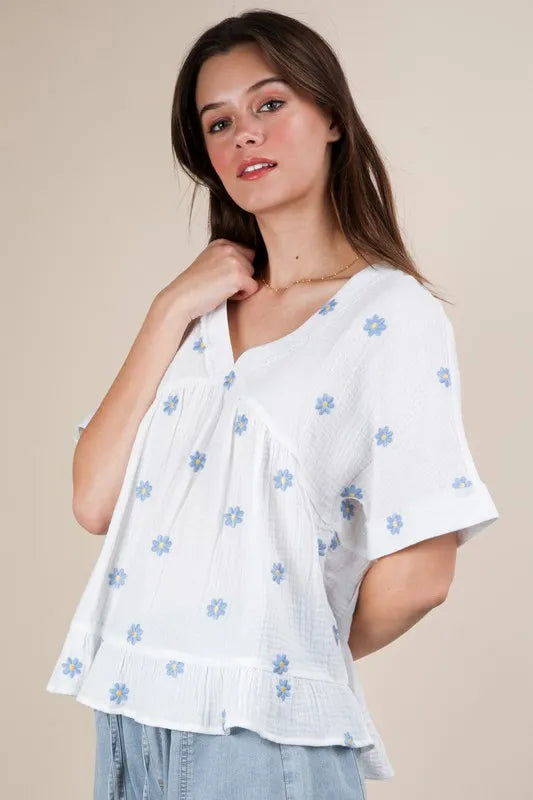 VERY J Flower Embroidered Woven Blouse