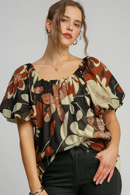 Umgee Full Size Print Round Neck Puff Sleeve Top Plus Size