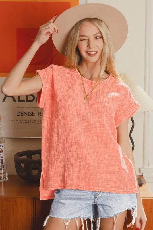 Zenana Woven Double Gauze Acid Washed Short Sleeve Top