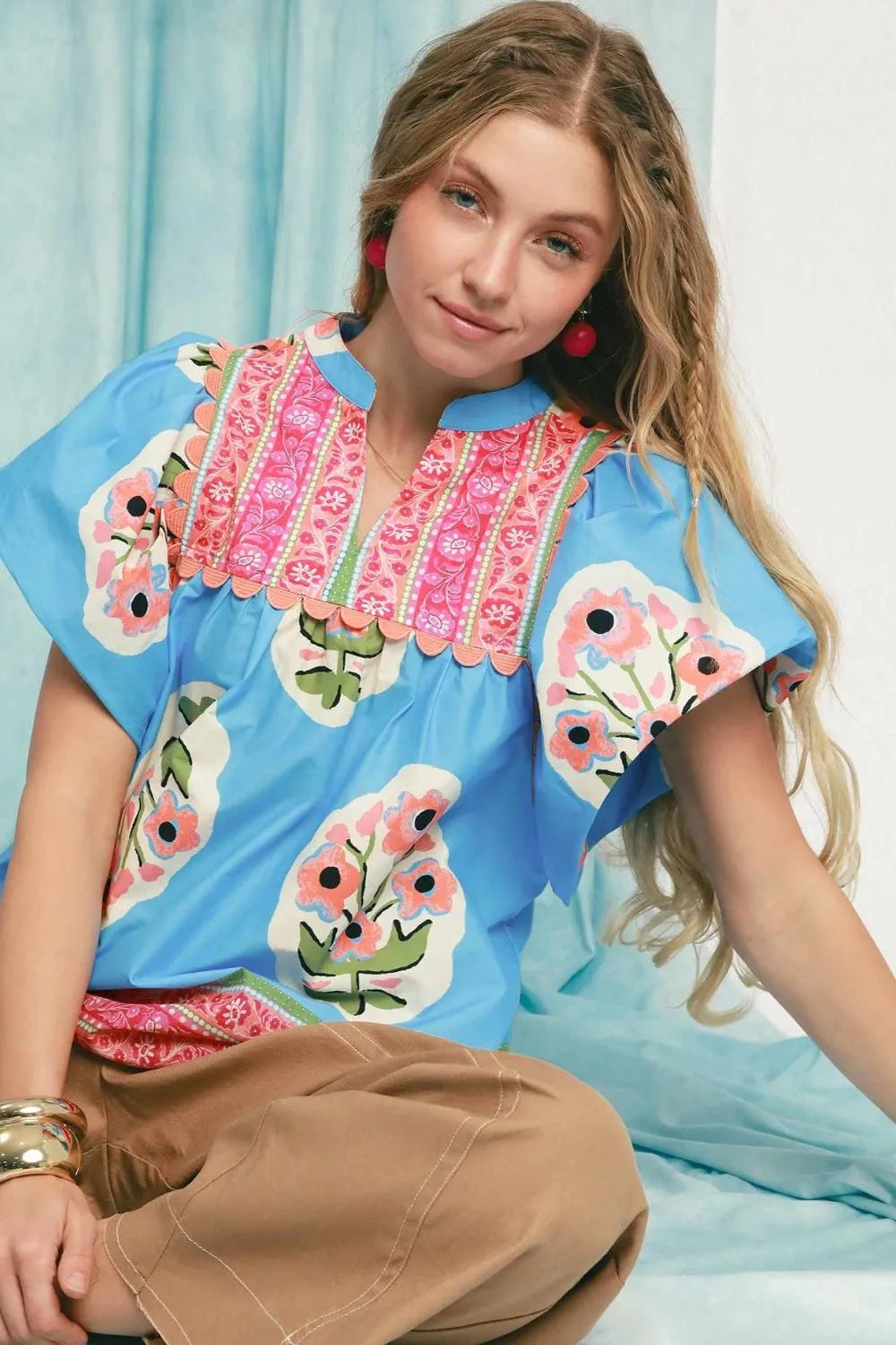 Umgee Floral Notched Puff Sleeve Blouse
