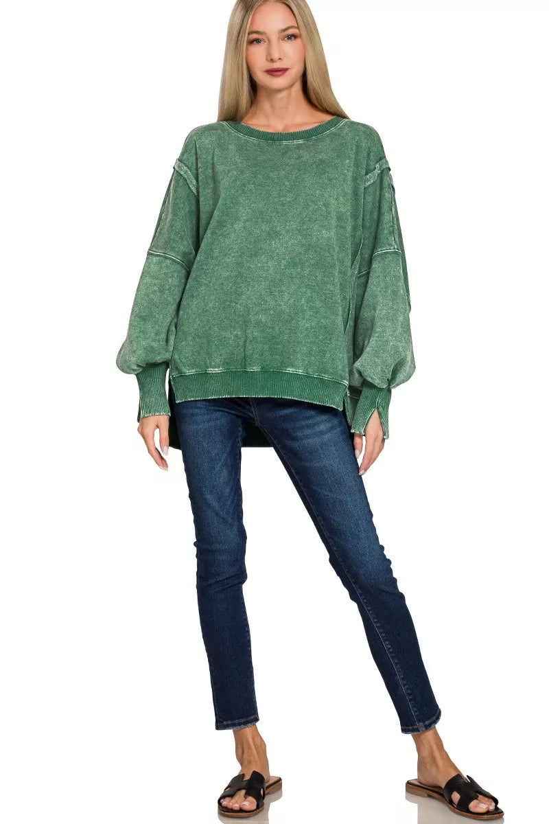 Zenana Acid Washed Batwing Sleeve Fleece Sweatshirt