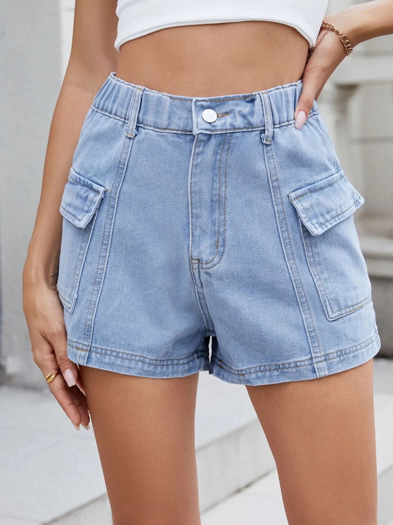 High Waist Cargo Denim Shorts