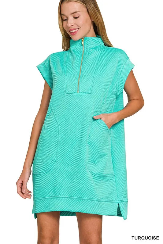 Zenana Textured Knit Jacquard Quarter Zipper Mini Dress