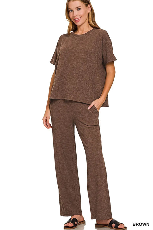 Zenana Slub Short Sleeve T-Shirt and Pants Set