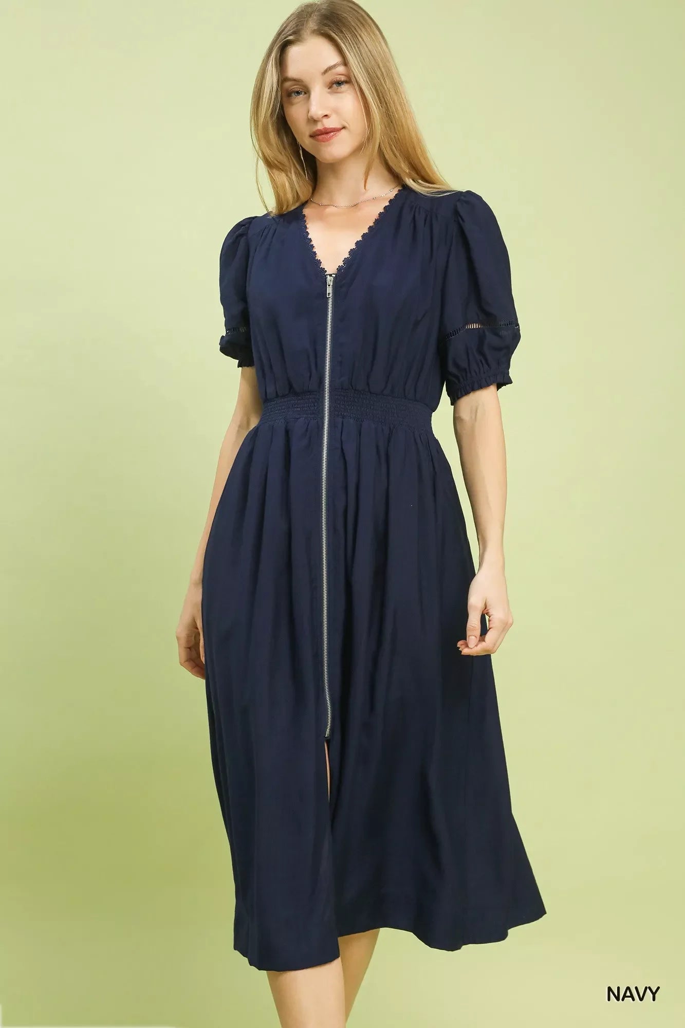 Umgee Zip-Front Smocked Waist Midi Dress