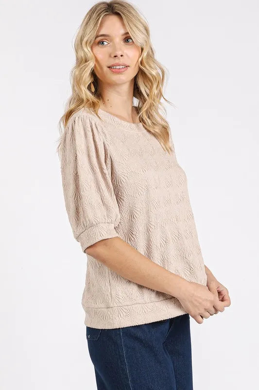 Mittoshop Fan Shell Texture Short Puff Sleeve Knit Top