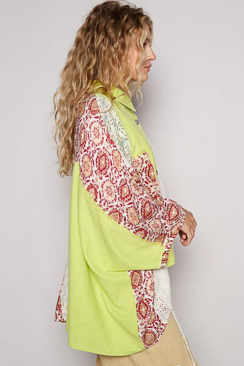 POL Thermal and Crochet Lace Mix Shirt with Floral Pattern
