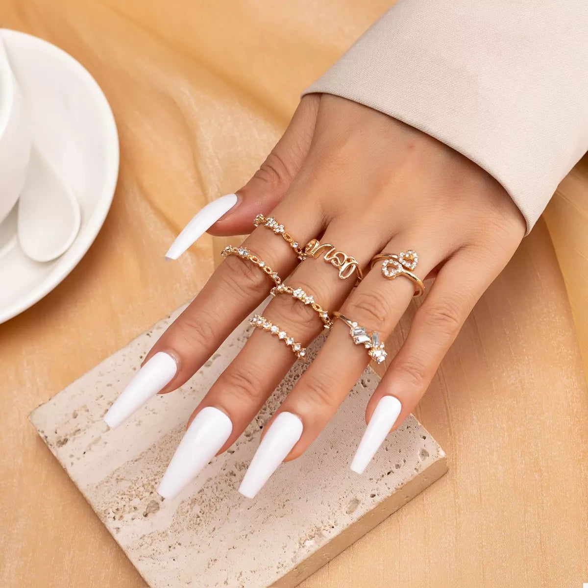 7 Piece 18K Gold-Plated LOVE Zircon Ring Set