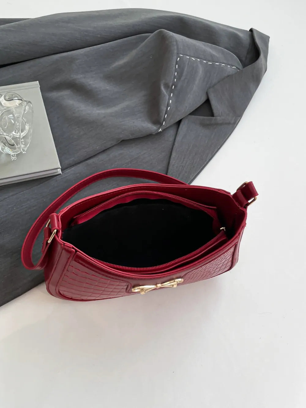 Crocodile Pattern Shoulder Bag with Bow Detail