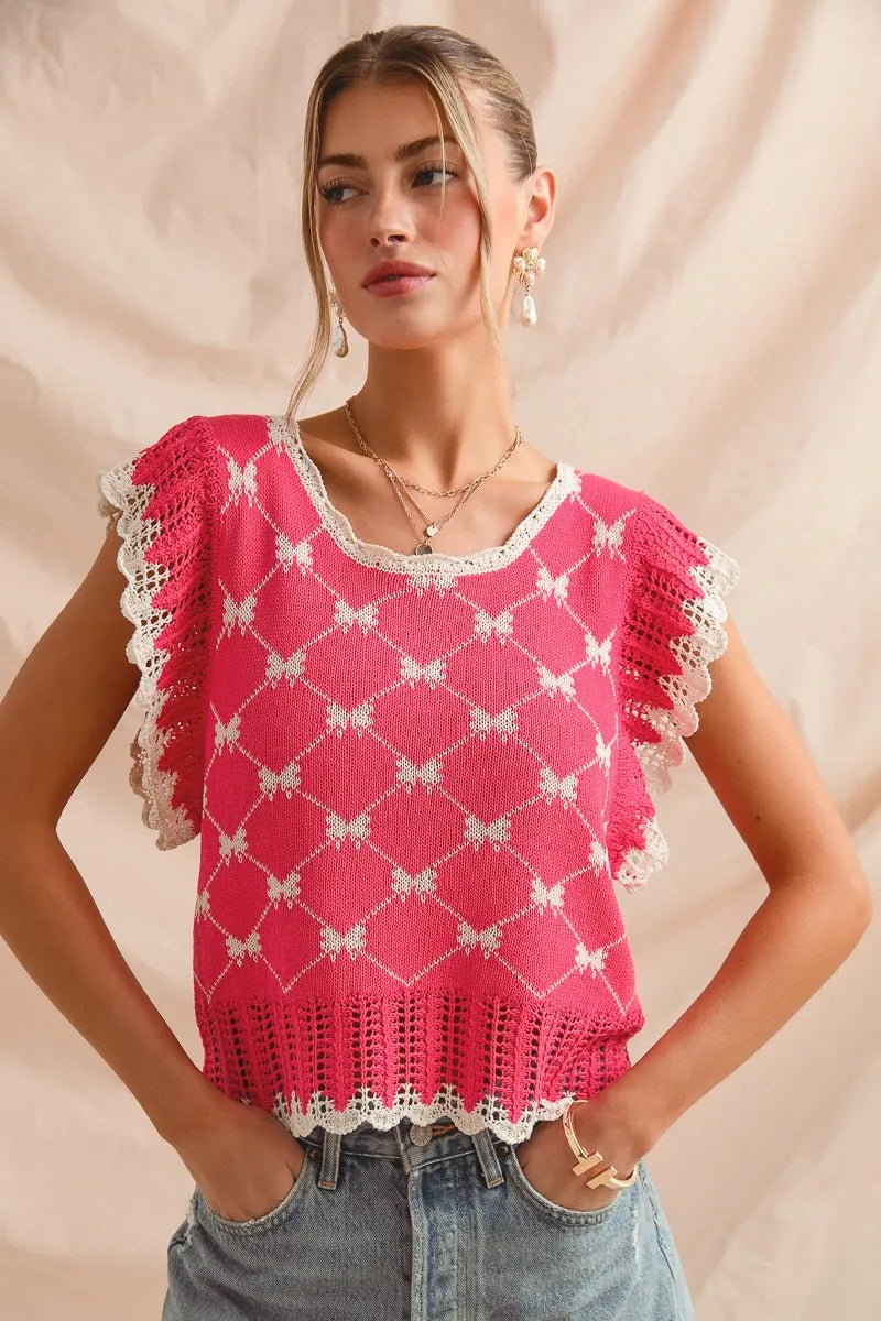 SO ME Bow Ribbon Pattern Sweater Top with Back Key Hole
