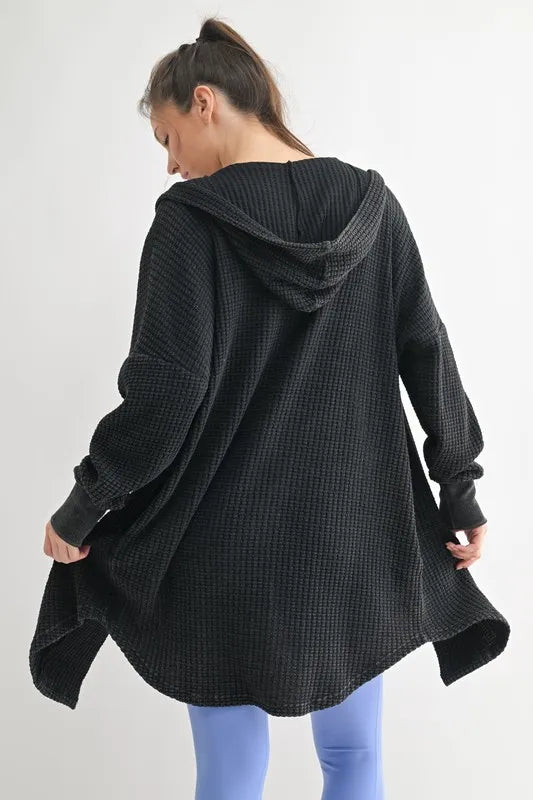 MONO B Chunky Waffle Mineral Wash Hooded Open Cardigan