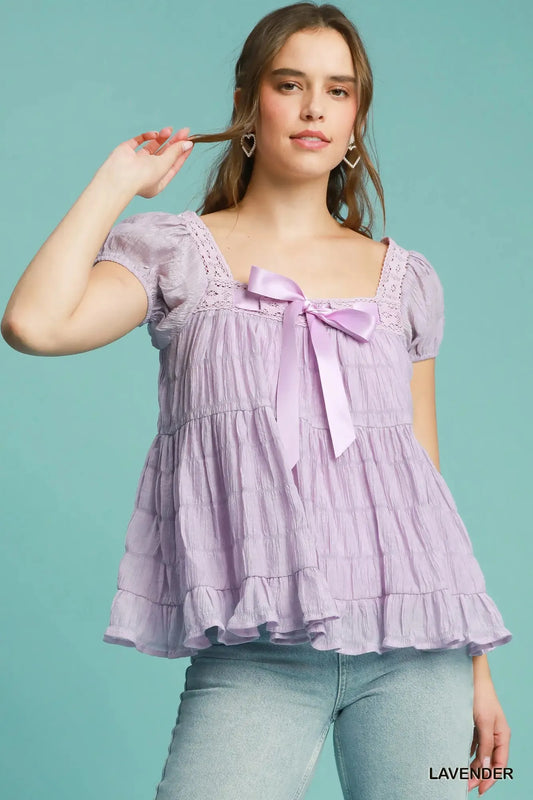 Umgee Textured Square Neck Bow Tie Blouse with Ruffle Hem