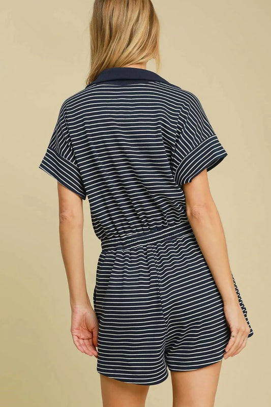 Umgee Full Size Half Zip Striped Romper Plus Size