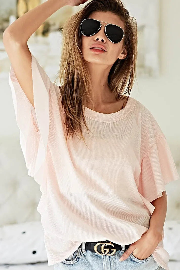 BiBi Thermal Knit with Ruffled Sleeve Top